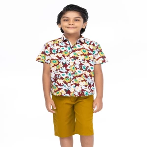 Maroon Printed Cotton Shirt Pant Set